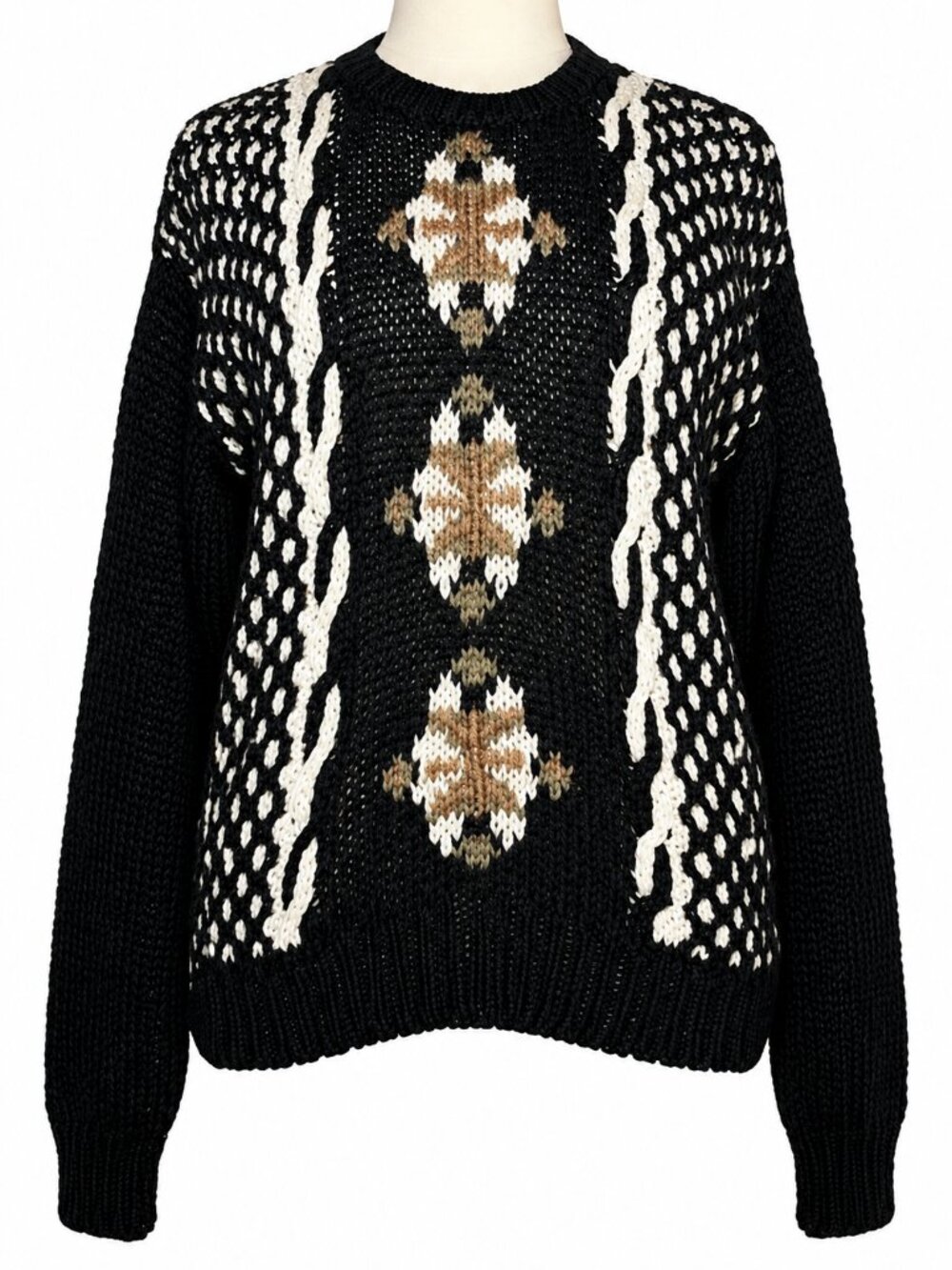 Vintage Black Cream Tan Open Knit Floral Crew Fair Isle Sweater Large